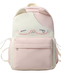 Pink cat backpack with ears featuring two-tone color block design and minimalist cat face with glasses, front view