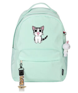 Mint green cat backpack for school featuring Chi's Sweet Home kitten graphic, white bunny charm and LOVE zipper pull, front view
