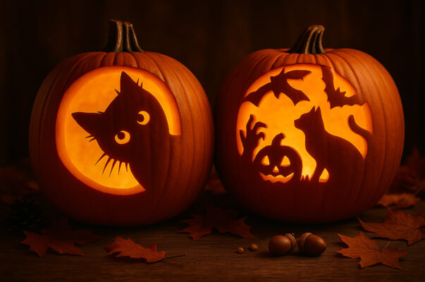 cat jack-o-pumpkin carving ideas with stencils