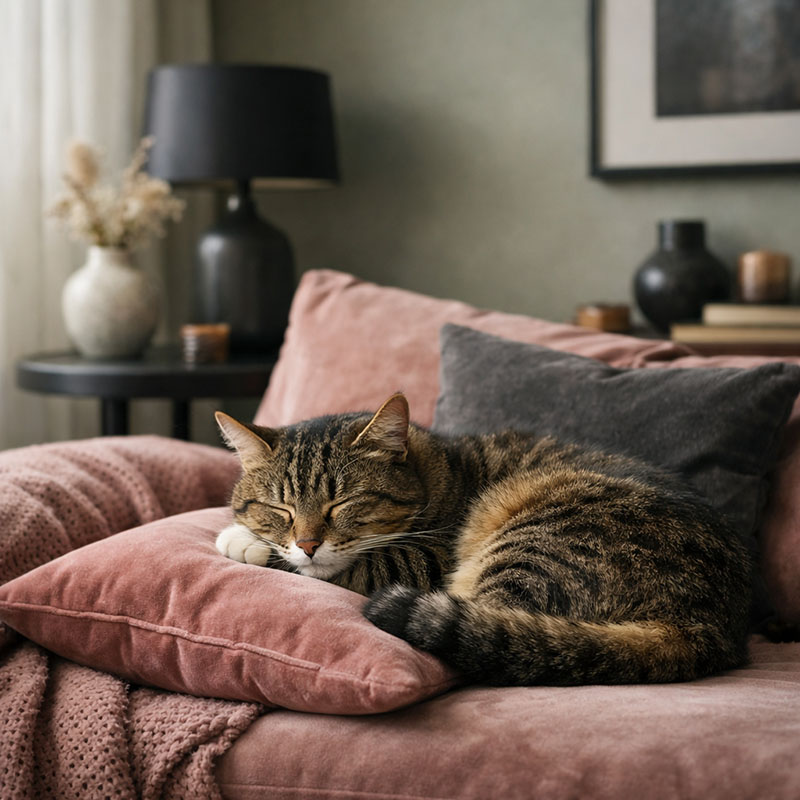 Cozy cat surrounded by printable cards and cat-themed gifts from Catastic