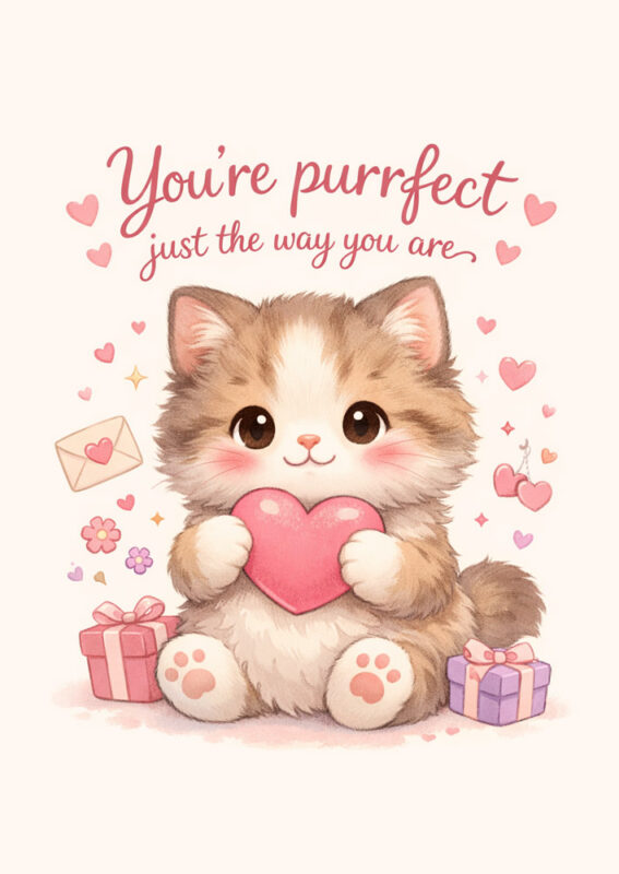 Cute cat Valentine's card with cat holding heart and message You're Purrfect - free printable