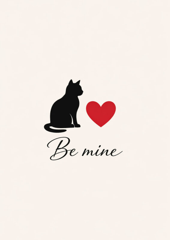 Elegant Valentine's card with black cat silhouette and heart - Be Mine minimalist design