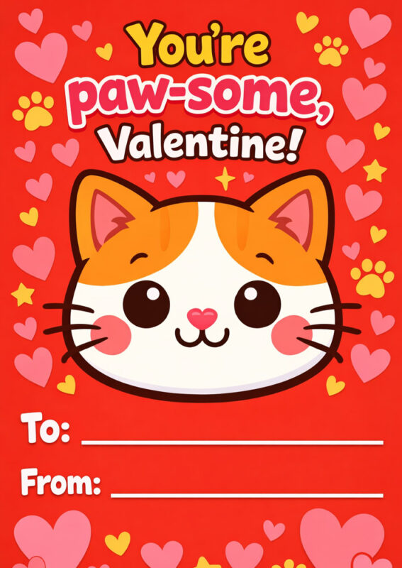 Kids Valentine's card with cats - You're Paw-some classroom printable with To and From
