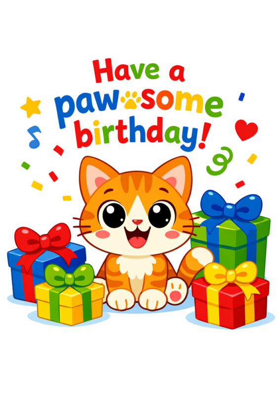 Printable birthday card with cats showing a cute cartoon cat surrounded by wrapped birthday presents and gift boxes with excited expression and text Have a paw-some birthday