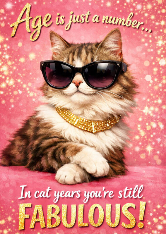 Smug confident cat wearing oversized sunglasses with cool glamorous pose on pink background with text Age is just a number in cat years youre still fabulous