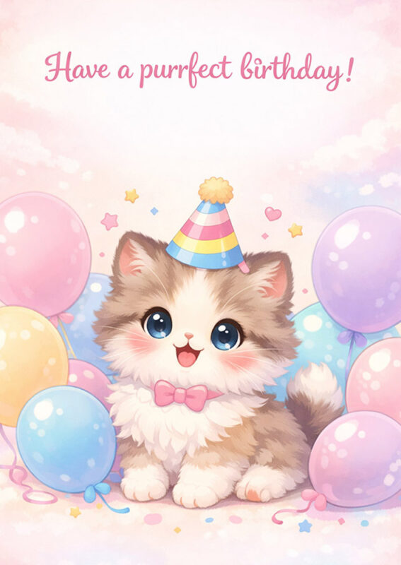 Free printable birthday card with cats featuring a cute fluffy cat wearing a colorful party hat surrounded by pastel balloons with text Have a purrfect birthday