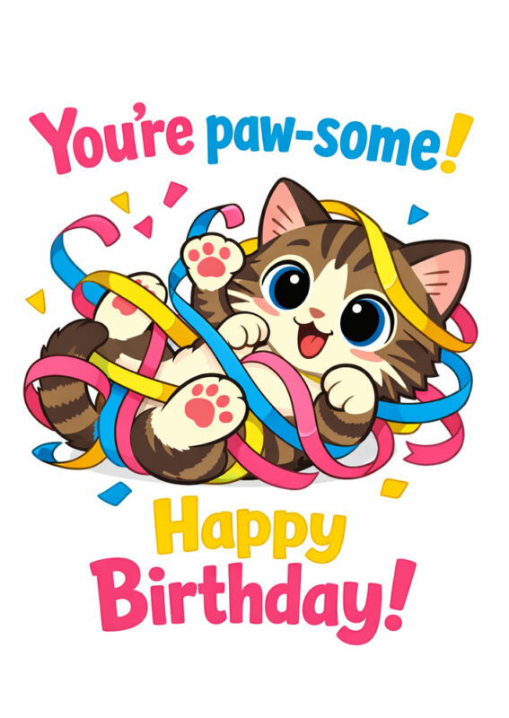 Printable birthday card with cats for kids featuring a playful kitten tangled in colorful party streamers with big eyes and adorable clumsy pose with text Youre claw-some Happy Birthday