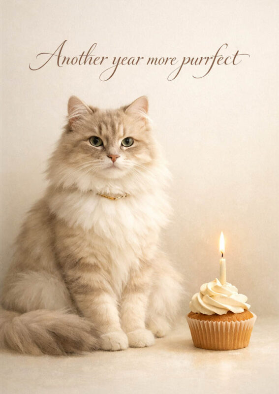 Elegant cat with soft fur sitting gracefully next to a cupcake with one lit candle in soft warm lighting with text Another year more purrfect