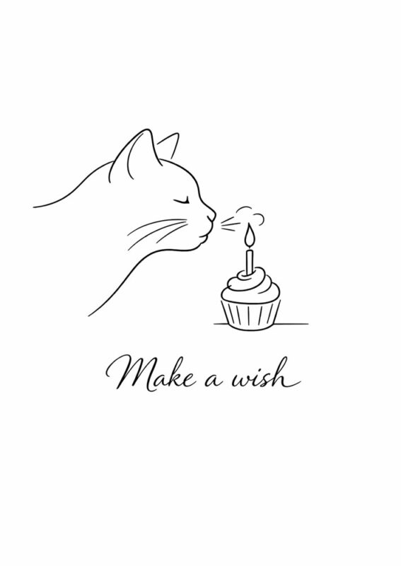 Elegant simple line drawing of cat in profile blowing out a single candle with minimal sophisticated style and text Make a wish