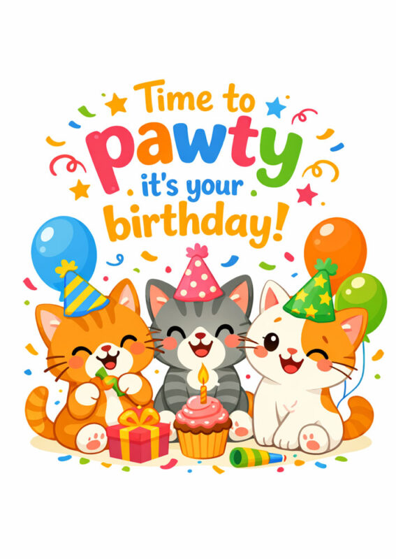 Two kittens wearing party hats playing together with balloons and confetti in bright colorful scene with text Time to pawty like its your birthday