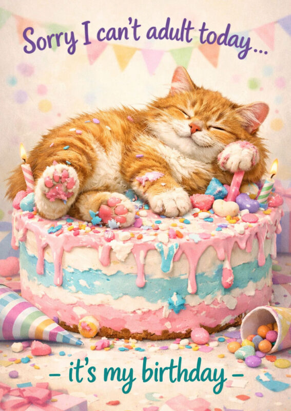 Lazy cat napping on top of a birthday cake with frosting on paws showing relaxed unbothered expression with text Sorry I cant adult today its my birthday