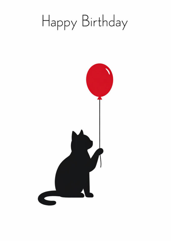 Minimalist cat birthday card printable with simple black cat silhouette sitting and holding single balloon string on white background with elegant design and text Happy Birthday