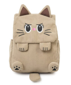 Beige 3D corduroy cat backpack for school with embroidered anime eyes, heart nose, paw pockets and stubby tail, front view