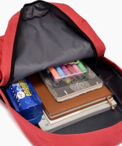 Inside view of the kawaii backpack with a cat showing cell phone pocket, slot pocket, and main interior compartment